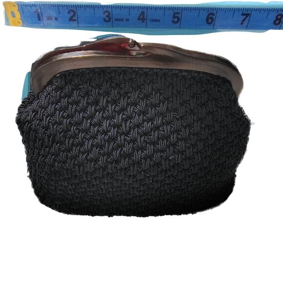 1960s Small Crocheted Navy Blue Handbag ADG Lucite Kiss Closure Top Frame Lined - Picture 1 of 6